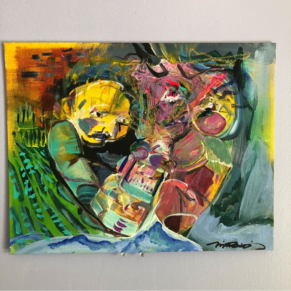 Original artwork mixed media abstract painting 9x11” on canvas board signed ooak
